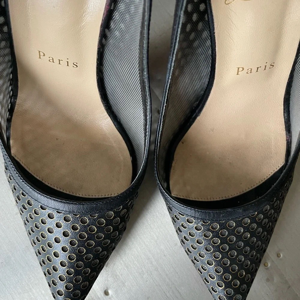 christian louboutin guni black leather gold spike stiletto sz 38.5 preowned